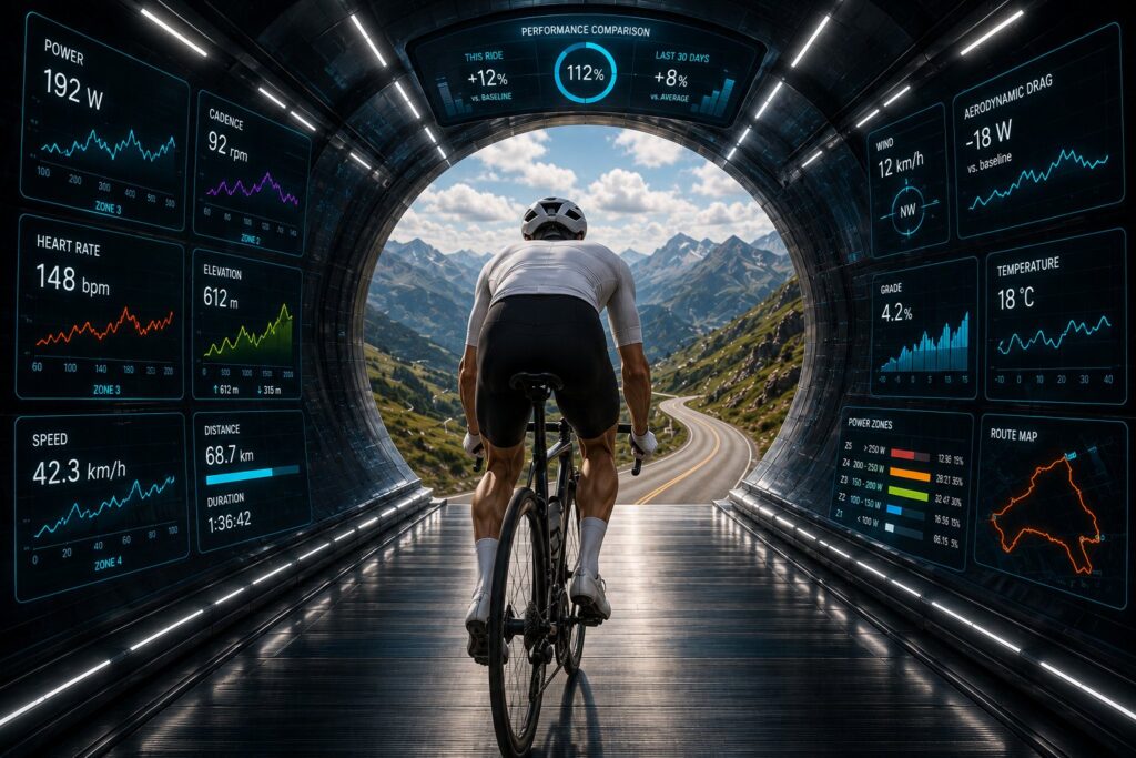 A cyclist riding through a wind tunnel lined with live ride data — power, speed, wind, aerodynamic drag and a performance comparison