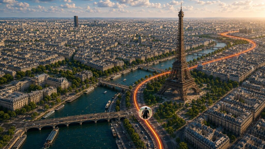 A glowing ride route traced through a 3D aerial view of Paris, curving past the Eiffel Tower along the Seine