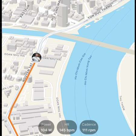 RideIQ Map Replay showing a route on a map with live power, heart rate and cadence readings