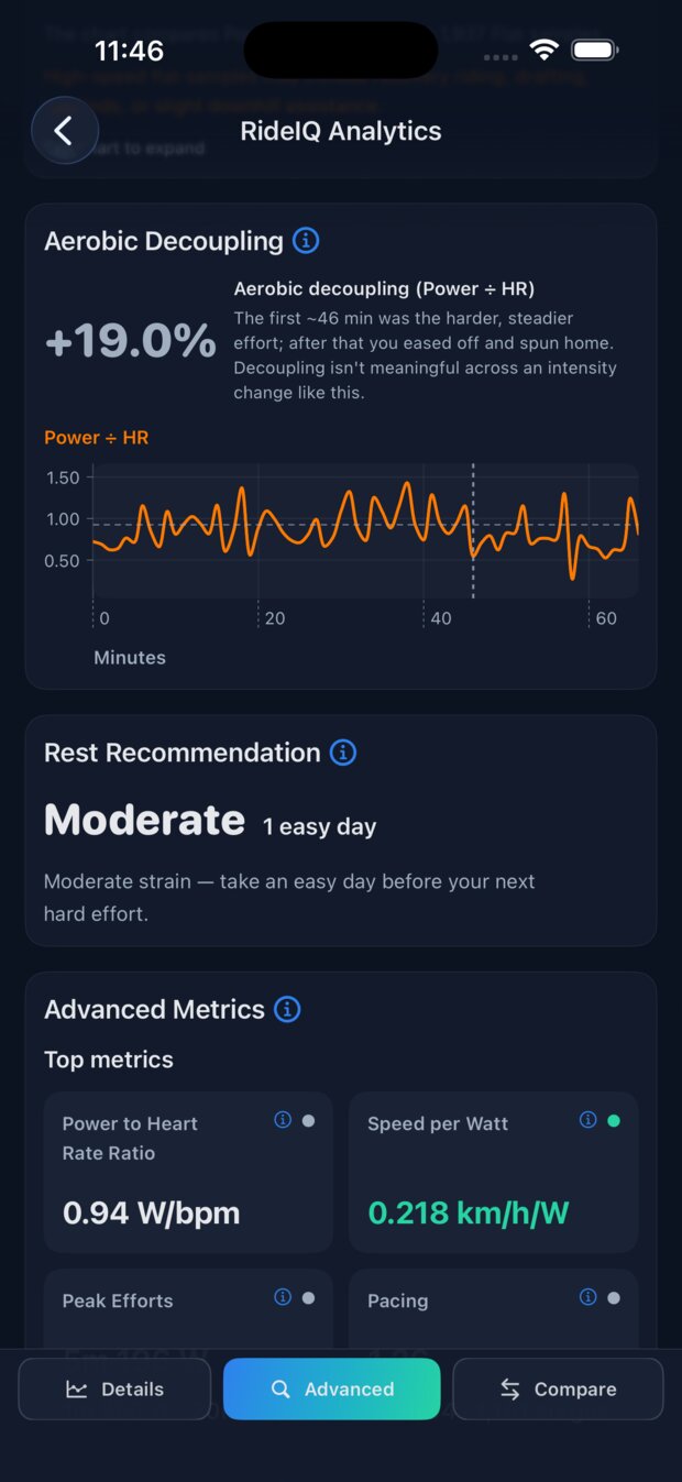 RideIQ Advanced tab showing aerobic decoupling, a rest recommendation and advanced metric tiles