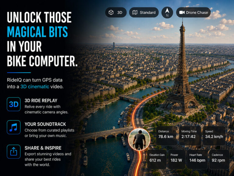 RideIQ Replay: a glowing ride route traced through a 3D view of Paris past the Eiffel Tower, with camera modes and live ride stats