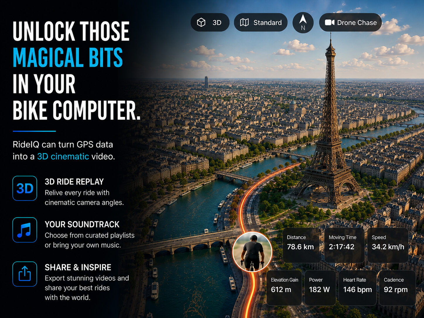 RideIQ Replay: a glowing ride route traced through a 3D view of Paris past the Eiffel Tower, with camera modes and live ride stats