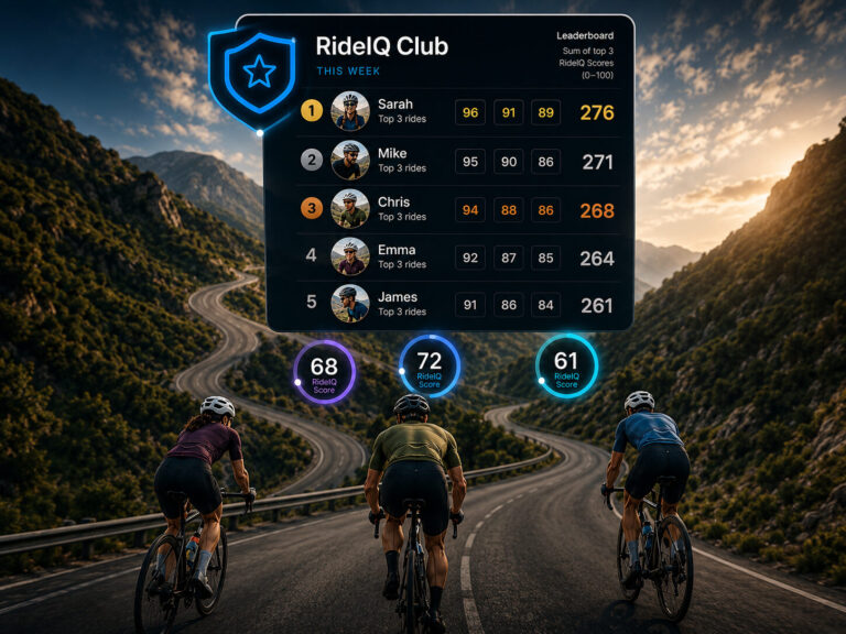 RideIQ Club weekly leaderboard displayed above three cyclists riding a winding mountain road, each showing their own RideIQ Score
