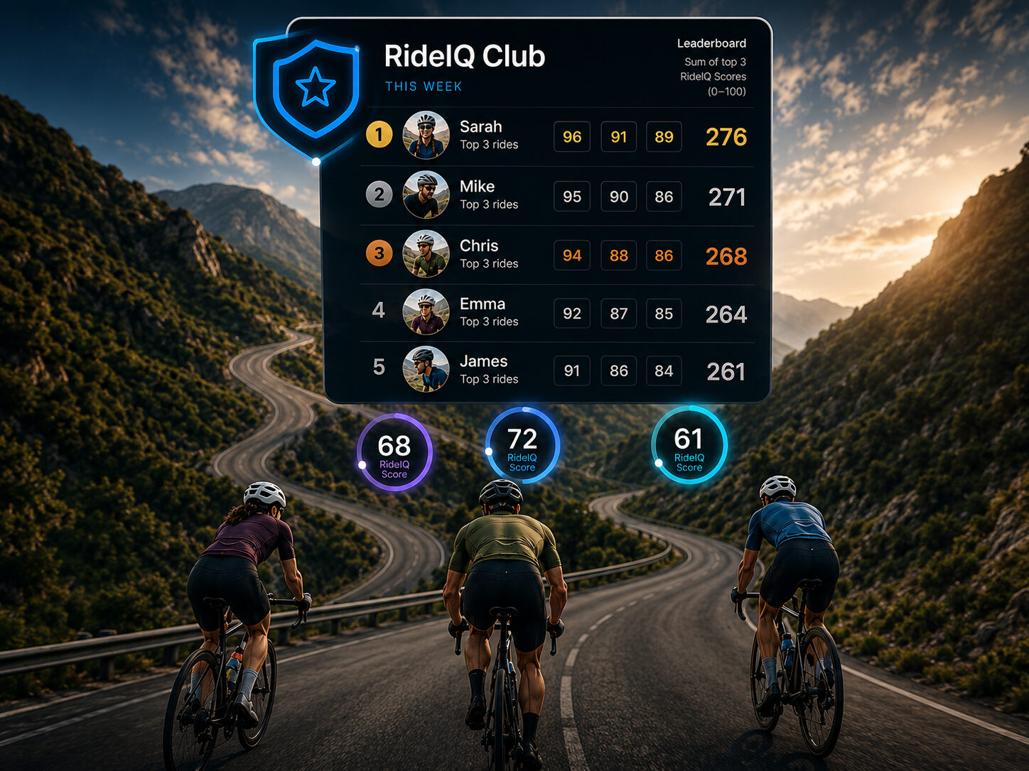 RideIQ Club weekly leaderboard displayed above three cyclists riding a winding mountain road, each showing their own RideIQ Score