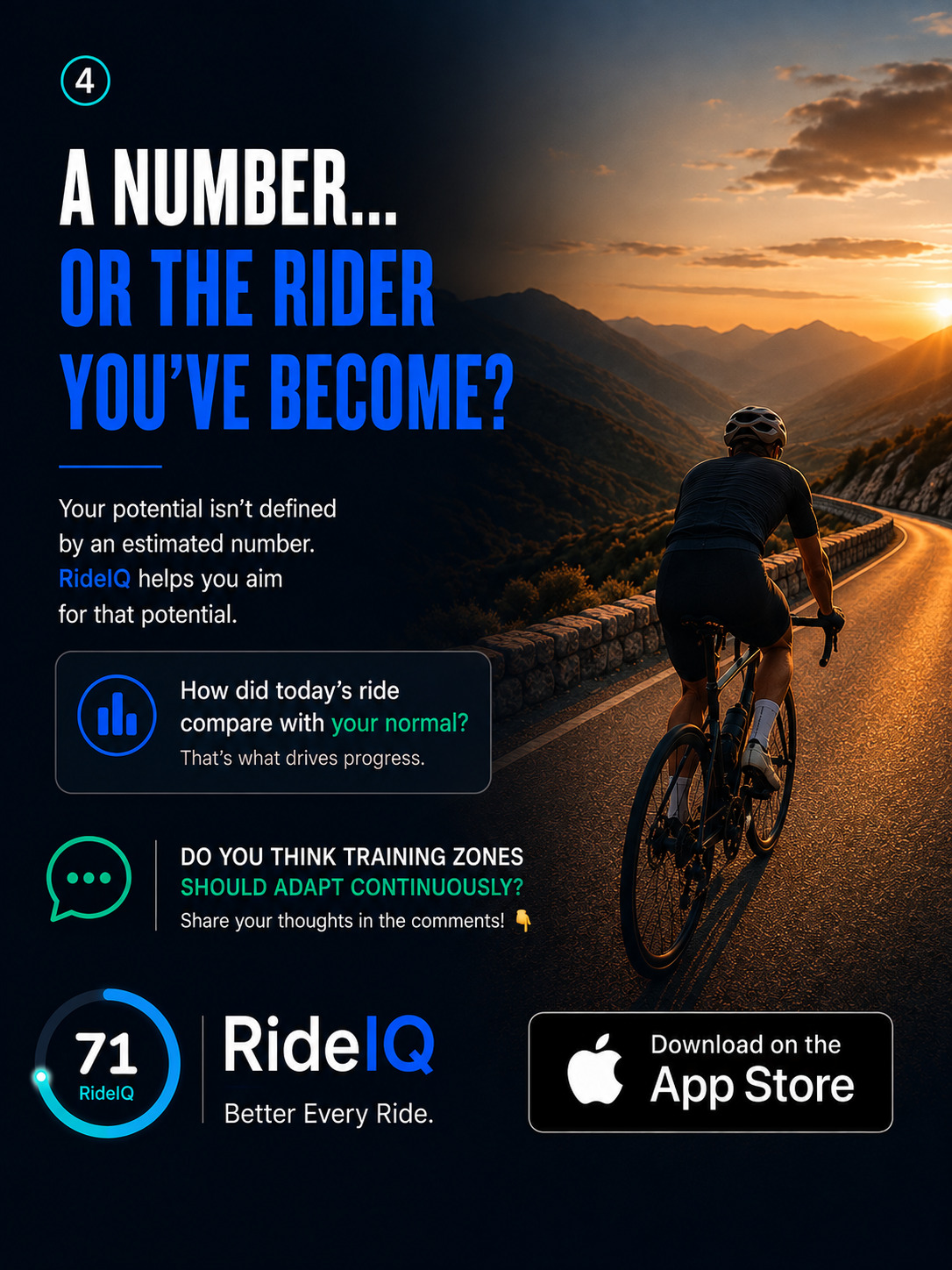 A cyclist riding into a sunset beside the question: how did today’s ride compare with your normal?