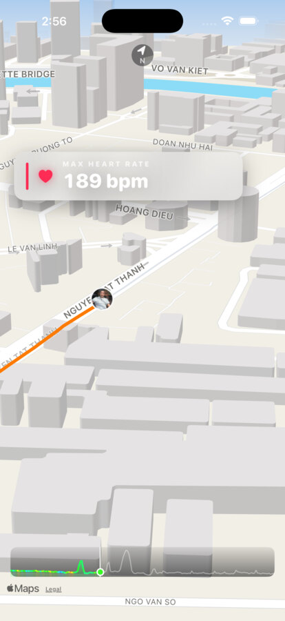An exported RideIQ Replay video showing a max heart rate banner reading 189 bpm over a 3D city view with the orange route line